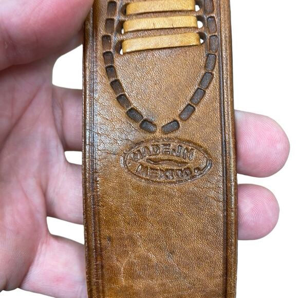 Vintage Brown Leather Belt Size S Woven Tooled Stamped Western Southwest Boho main image 8